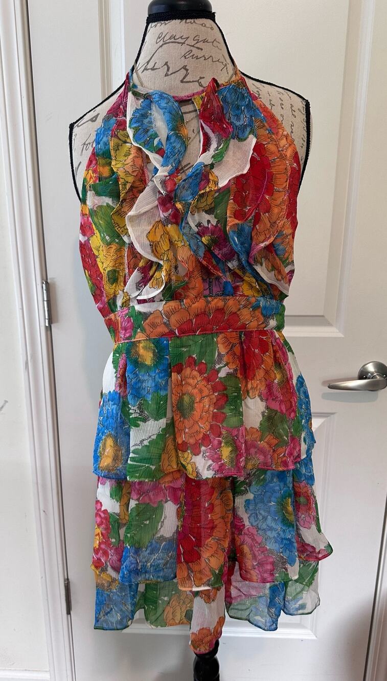 Women’s sz L Ruffle tropical Floral Print halter dress sundress night out